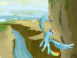 Size: 3150x2400 | Tagged: safe, artist:xprototype1231x, rainbow dash, g4, canyon, female, flying, high res, river, solo