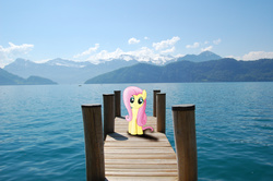 Size: 3008x2000 | Tagged: safe, artist:baumkuchenpony, artist:uponia, fluttershy, g4, high res, irl, lake, lake lucerne, photo, pier, ponies in real life, solo, switzerland, vector