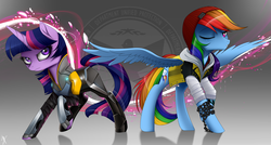 Size: 3435x1835 | Tagged: safe, artist:supermare, rainbow dash, twilight sparkle, g4, abigail "fetch" walker, crossover, delsin rowe, department of unified protection, infamous second son, spread wings