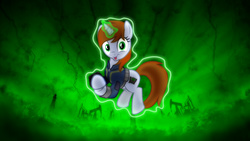 Size: 2560x1440 | Tagged: safe, artist:brisineo, artist:sgtwaflez, oc, oc only, oc:littlepip, pony, unicorn, fallout equestria, clothes, fanfic, fanfic art, female, glowing horn, horn, jumpsuit, levitation, magic, mare, open mouth, pipbuck, self-levitation, smiling, solo, starlight says bravo, telekinesis, vault suit, wallpaper