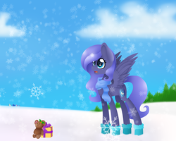 Size: 2500x2000 | Tagged: safe, artist:luna756, oc, oc only, pegasus, pony, high res, present, snow, snowfall, solo