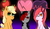 Size: 1280x753 | Tagged: safe, artist:lazerblues, applejack, oc, oc:arrhythmia, oc:miss eri, bat pony, pony, g4, black and red mane, emo, two toned mane