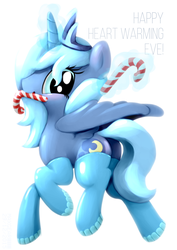 Size: 1024x1448 | Tagged: safe, artist:mgmax, princess luna, g4, boots, candy, candy cane, clothes, female, floating text, food, hearth's warming, magic, mouth hold, offering, s1 luna, simple background, socks, solo, telekinesis, white background