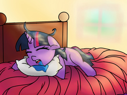Size: 1024x768 | Tagged: safe, artist:cas-potato-arts, twilight sparkle, g4, backlighting, bed, drool, female, filly, filly twilight sparkle, pillow, prone, sleeping, solo
