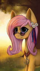 Size: 1052x1839 | Tagged: safe, artist:cobaltthecat, fluttershy, g4, female, flower, flower in hair, glasses, hippie, hippieshy, peace symbol, solo