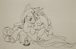 Size: 3507x2267 | Tagged: safe, artist:scribblepwn3, oc, oc only, oc:midnight scribbler, oc:sunset glow, pony, unicorn, candle, cuddling, high res, holly, monochrome, pen drawing, snuggling, traditional art, wip