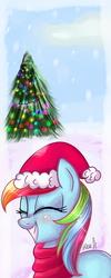 Size: 1024x2560 | Tagged: safe, artist:heu-hey, rainbow dash, g4, christmas tree, clothes, eyes closed, female, grin, hat, santa hat, scarf, snow, snowfall, solo, tree