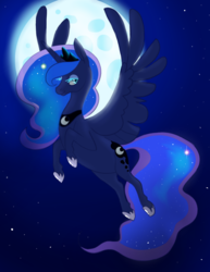 Size: 850x1100 | Tagged: safe, artist:janegumball, princess luna, alicorn, pony, g4, belly, female, flying, lidded eyes, mare, moon, night, round belly, smiling, solo, stars