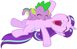Size: 1548x990 | Tagged: safe, artist:luckreza8, artist:slb94, edit, hundreds of users filter this tag, vector edit, spike, starlight glimmer, dragon, pony, unicorn, g4, cute, eyes closed, female, glimmerbetes, kissing, love, lying down, male, mare, on back, open mouth, raspberry, ship:sparlight, shipping, show accurate, simple background, spikabetes, straight, sweet dreams fuel, tickling, ticklish tummy, transparent background, tummy buzz, vector, weapons-grade cute