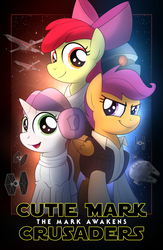 Size: 1000x1533 | Tagged: safe, artist:drawponies, apple bloom, scootaloo, sweetie belle, earth pony, pony, g4, alternate hairstyle, clothes, cosplay, costume, cutie mark crusaders, han solo, leia skywalker, looking at you, luke skywalker, millenium falcon, poster, princess leia, smiling, smirk, spoilers in the comments, star wars, star wars: the force awakens, starfighter, starkiller base, tie fighter, x-wing