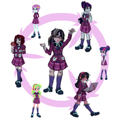 Size: 2400x2400 | Tagged: safe, artist:kul, lemon zest, sci-twi, sunny flare, twilight sparkle, undead, zombie, equestria girls, g4, my little pony equestria girls: friendship games, annoyed, armband, bowtie, clothes, creepy smile, crystal prep academy, crystal prep academy uniform, crystal prep shadowbolts, fusion, fusion diagram, glasses, hexafusion, high res, school uniform, we have become one