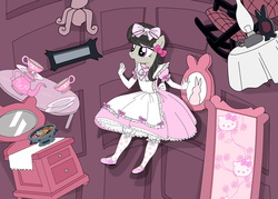 Size: 3000x2143 | Tagged: safe, artist:avchonline, octavia melody, earth pony, anthro, g4, alice in wonderland, apron, bloomers, bow, chair, clothes, cookie, cute, dress, evening gloves, female, food, frilly dress, furniture, gloves, hello kitty, high res, lace, mary janes, mirror, parachute, parachute dress, paraskirt, petticoat, pinafore, puffy sleeves, rabbit hole, ribbon, ruffles, sanrio, solo, stockings, sweet lolita, tavibetes, tea set, vanity