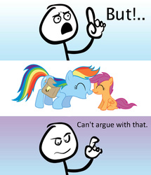 Size: 693x804 | Tagged: safe, edit, rainbow dash, scootaloo, g4, argument, eyes closed, image macro, meme, nuzzling, saddle bag, scootalove, text