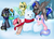 Size: 3498x2502 | Tagged: safe, artist:kinga, oc, oc only, oc:bassy, oc:gliding, oc:intrepid charm, oc:ocean pixel, oc:silver thread, oc:truenugget, aquapony, pegasus, pony, unicorn, female, group pic, high res, male, playing, seapegasus, snow, snowpony, winter