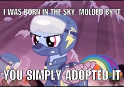 Size: 905x640 | Tagged: safe, screencap, rainbow dash, g4, the cutie re-mark, alternate timeline, amputee, apocalypse dash, augmented, bane, baneposting, crystal war timeline, fighter pilot, image macro, meme, prosthetic limb, prosthetic wing, prosthetics