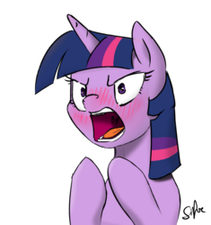Size: 608x647 | Tagged: safe, artist:lunapaws, artist:silfoe, twilight sparkle, pony, g4, angry, blushing, colored, female, mare, open mouth, raised hoof, simple background, solo, transparent background, yelling