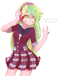 Size: 640x800 | Tagged: safe, artist:riouku, lemon zest, equestria girls, g4, my little pony equestria girls: friendship games, blushing, clothes, crystal prep academy, crystal prep academy uniform, crystal prep shadowbolts, devil horn (gesture), female, headphones, looking at you, school uniform, smiling, solo