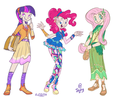 Size: 1057x805 | Tagged: safe, artist:jowyb, fluttershy, pinkie pie, twilight sparkle, human, g4, book, clothes, hairband, humanized, long skirt, shoes, simple background, skirt, socks, white background
