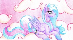 Size: 2638x1463 | Tagged: safe, artist:emberslament, oc, oc only, pegasus, pony, cloud, sunset, traditional art