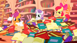 Size: 1366x768 | Tagged: safe, screencap, apple bloom, scootaloo, sweetie belle, g4, the show stoppers, cutie mark crusaders