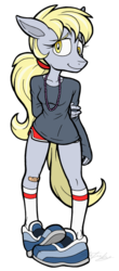 Size: 400x911 | Tagged: safe, artist:molochtdl, derpy hooves, anthro, g4, clothes, female, ponytail, shirt, simple background, sneakers, socks, solo