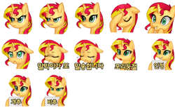 Size: 823x506 | Tagged: safe, artist:pohwaran, sunset shimmer, pony, unicorn, g4, angry, crying, expressions, female, frown, happy, icon, korean, simple background, solo, white background