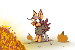 Size: 1280x854 | Tagged: safe, artist:heir-of-rick, applejack, turkey, daily apple pony, g4, clothes, costume, cute, ear fluff, female, fluffy, happy, leaves, open mouth, pumpkin, smiling, solo, turkey costume