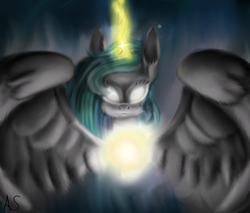 Size: 1295x1104 | Tagged: safe, artist:asiul-shira, princess celestia, g4, female, glowing eyes, glowing horn, horn, solo, spread wings, sun, tangible heavenly object