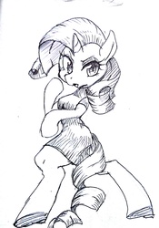 Size: 1024x1461 | Tagged: safe, artist:yajima, rarity, pony, semi-anthro, g4, arm hooves, bipedal, clothes, dress, female, monochrome, solo, standing