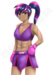 Size: 1024x1446 | Tagged: safe, artist:usagiforehead, twilight sparkle, human, g4, abs, boxing, boxing gloves, clothes, dark skin, female, fit, heterochromia, humanized, midriff, moderate dark skin, muscles, ponytail, solo, sports bra, trunks, twilight muscle