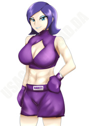 Size: 1024x1446 | Tagged: safe, artist:usagiforehead, rarity, human, g4, abs, bedroom eyes, boxing, boxing gloves, breasts, busty rarity, cleavage, clothes, eyeshadow, female, fit, humanized, lipstick, makeup, slender, solo, sports, sports bra, thin, trunks