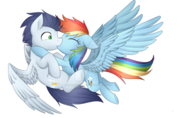 Size: 1024x682 | Tagged: safe, artist:scarlet-spectrum, rainbow dash, soarin', pony, g4, backwards cutie mark, eyes closed, female, flying, kiss on the lips, kissing, male, old cutie mark, ship:soarindash, shipping, simple background, straight, transparent background, watermark