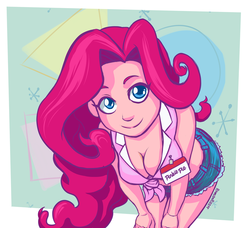 Size: 900x819 | Tagged: safe, artist:romanrazor, color edit, edit, pinkie pie, equestria girls, g4, bent over, breasts, busty pinkie pie, cleavage, clothes, colored, daisy dukes, eqg recolor, female, front knot midriff, looking at you, midriff, name tag, recolor, shorts, smiling, solo