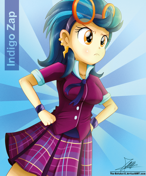 1035864 - safe, artist:the-butch-x, indigo zap, equestria girls, friendship  games, g4, breasts, busty indigo zap, clothes, crystal prep academy  uniform, crystal prep shadowbolts, cute, earring, female, goggles, hand on  hip, piercing, school