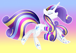Size: 1024x727 | Tagged: safe, artist:scarlet-spectrum, rarity, g4, concave belly, female, gradient background, long mane, long tail, mare, rainbow power, slender, solo, tail, thin, watermark