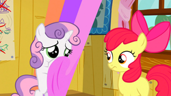 Size: 1366x768 | Tagged: safe, screencap, apple bloom, sweetie belle, earth pony, pony, unicorn, g4, the show stoppers, cute, diasweetes, fabric, female, filly, looking at each other, wide eyes