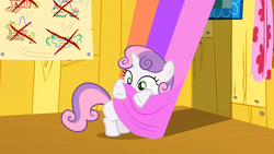Size: 1366x768 | Tagged: safe, screencap, sweetie belle, pony, unicorn, g4, the show stoppers, cute, diasweetes, fabric, female, filly, solo