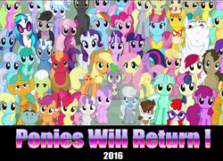Size: 1284x924 | Tagged: safe, edit, edited screencap, screencap, aloe, amethyst star, apple bloom, applejack, berry punch, berryshine, big macintosh, bon bon, bulk biceps, carrot cake, carrot top, cheerilee, cherry berry, cloudchaser, cup cake, daisy, derpy hooves, diamond tiara, dj pon-3, doctor whooves, flitter, flower wishes, fluttershy, golden harvest, granny smith, lemon hearts, lily, lily valley, linky, lotus blossom, lyra heartstrings, mayor mare, minuette, octavia melody, pinkie pie, pipsqueak, pokey pierce, pound cake, pumpkin cake, rainbow dash, rarity, roseluck, sassaflash, scootaloo, sea swirl, seafoam, shoeshine, silver spoon, snails, snips, sparkler, spike, spring melody, sprinkle medley, starlight glimmer, sunshower raindrops, sweetie belle, sweetie drops, thunderlane, time turner, twilight sparkle, twinkleshine, twist, vinyl scratch, alicorn, pony, unicorn, g4, the cutie re-mark, background six, c:, cake family, colt, cutie mark crusaders, everypony, everypony at s5's finale, female, flower trio, friends are always there for you, glasses, grin, group photo, hiatus, hype, looking at you, male, mane seven, mane six, mare, ponies standing next to each other, s5 starlight, smiling, spa twins, stallion, twilight sparkle (alicorn), wall of tags