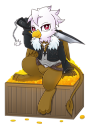 Size: 2000x2828 | Tagged: safe, artist:vavacung, oc, oc:gunslash, griffon, clothes, coin, cosplay, costume, crossover, final fantasy, final fantasy viii, gold, griffon oc, gunblade, high res, squall leonhart, treasure, wingding eyes