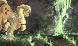 Size: 1920x1128 | Tagged: safe, alternate version, artist:doomsp0rk, applejack, earth pony, pony, g4, badass, butt, earth pony magic, earth pony master race, earthquake, featured image, female, floppy ears, glare, gritted teeth, magic, mare, metal as fuck, plot, revised, runes, solo