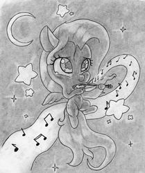 Size: 4496x5376 | Tagged: safe, artist:cross_ornstein, fluttershy, g4, absurd resolution, chibi, cute, female, flying, grayscale, hoof hold, monochrome, moon, music notes, musical instrument, night, pencil drawing, smiling, solo, space, spread wings, starry eyes, stars, traditional art, violin, wingding eyes