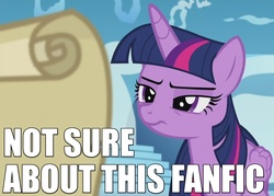 Size: 700x500 | Tagged: safe, edit, edited screencap, screencap, twilight sparkle, alicorn, pony, g4, the cutie re-mark, caption, fanfic, female, frown, image macro, mare, reaction image, reading, scroll, solo, twilight loves fanfiction, twilight sparkle (alicorn)