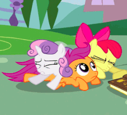 Size: 286x258 | Tagged: safe, screencap, apple bloom, scootaloo, sweetie belle, earth pony, pony, g4, hearts and hooves day (episode), animated, cute, cutie mark crusaders, female, hearts and hooves day, out of context, pony pile
