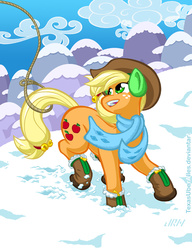 Size: 553x720 | Tagged: safe, artist:texasuberalles, part of a set, applejack, rarity, earth pony, pony, g4, boots, clothes, cloud, female, hoof boots, jingle bells, lasso, looking back, mountain, open mouth, scarf, ship:rarijack, shipping, snow, solo