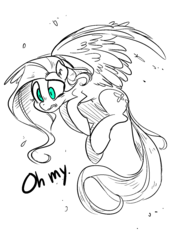 Size: 1119x1573 | Tagged: safe, artist:glacierclear, fluttershy, g4, dialogue, female, flying, monochrome, partial color, solo, spread wings, wavy mouth, worried