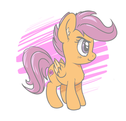 Size: 2300x2200 | Tagged: safe, artist:zapplebow, scootaloo, pegasus, pony, g4, abstract background, ear fluff, female, filly, foal, folded wings, high res, looking at something, smiling, solo, the cmc's cutie marks, wings