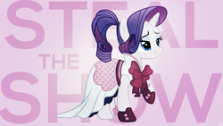 Size: 1920x1080 | Tagged: safe, artist:jave-the-13, artist:kooner-cz, rarity, pony, unicorn, g4, alternate hairstyle, bedroom eyes, bow, clothes, dress, female, mare, ponytail, raised hoof, shoes, simple background, solo, text, vector, wallpaper