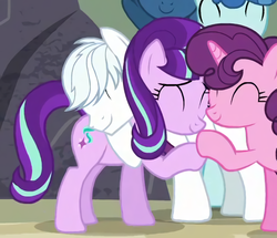 Size: 586x504 | Tagged: safe, screencap, double diamond, night glider, party favor, starlight glimmer, sugar belle, earth pony, pegasus, pony, unicorn, g4, the cutie re-mark, equal four, eyes closed, female, group, male, mare, out of context, quintet, s5 starlight, stallion