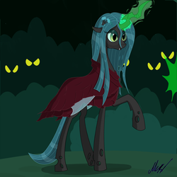 Size: 2000x2000 | Tagged: dead source, safe, artist:soveno, queen chrysalis, changeling, changeling queen, g4, female, forest, high res, magic, solo