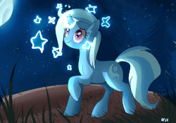Size: 1227x854 | Tagged: safe, artist:misspolycysticovary, trixie, pony, unicorn, g4, animated, female, grass, mare, moon, raised hoof, smiling, solo, stars, tree